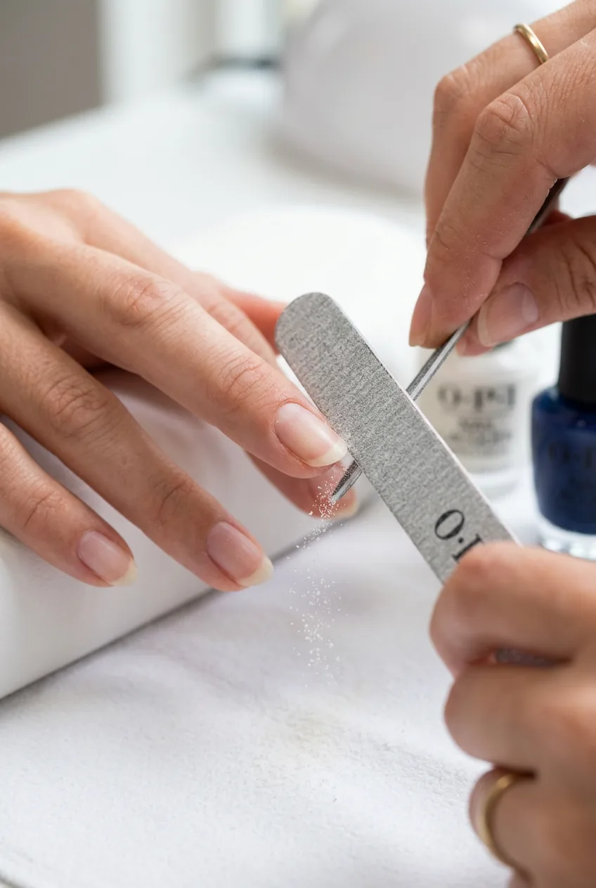Filing motion showing straight stroke from nail edge toward center with file perpendicular to nail