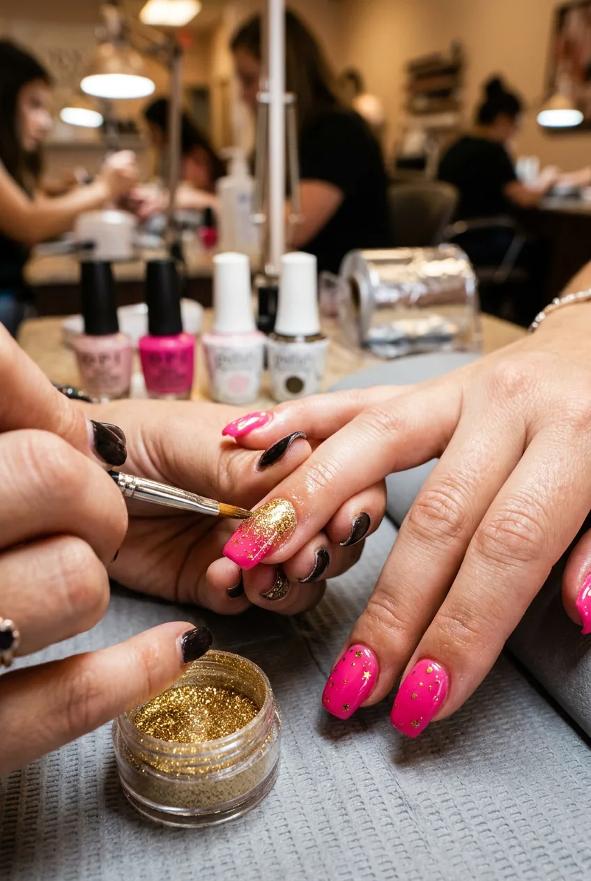 Close-up of birthday nails with strategic gold glitter application creating gradient effect near cuticles