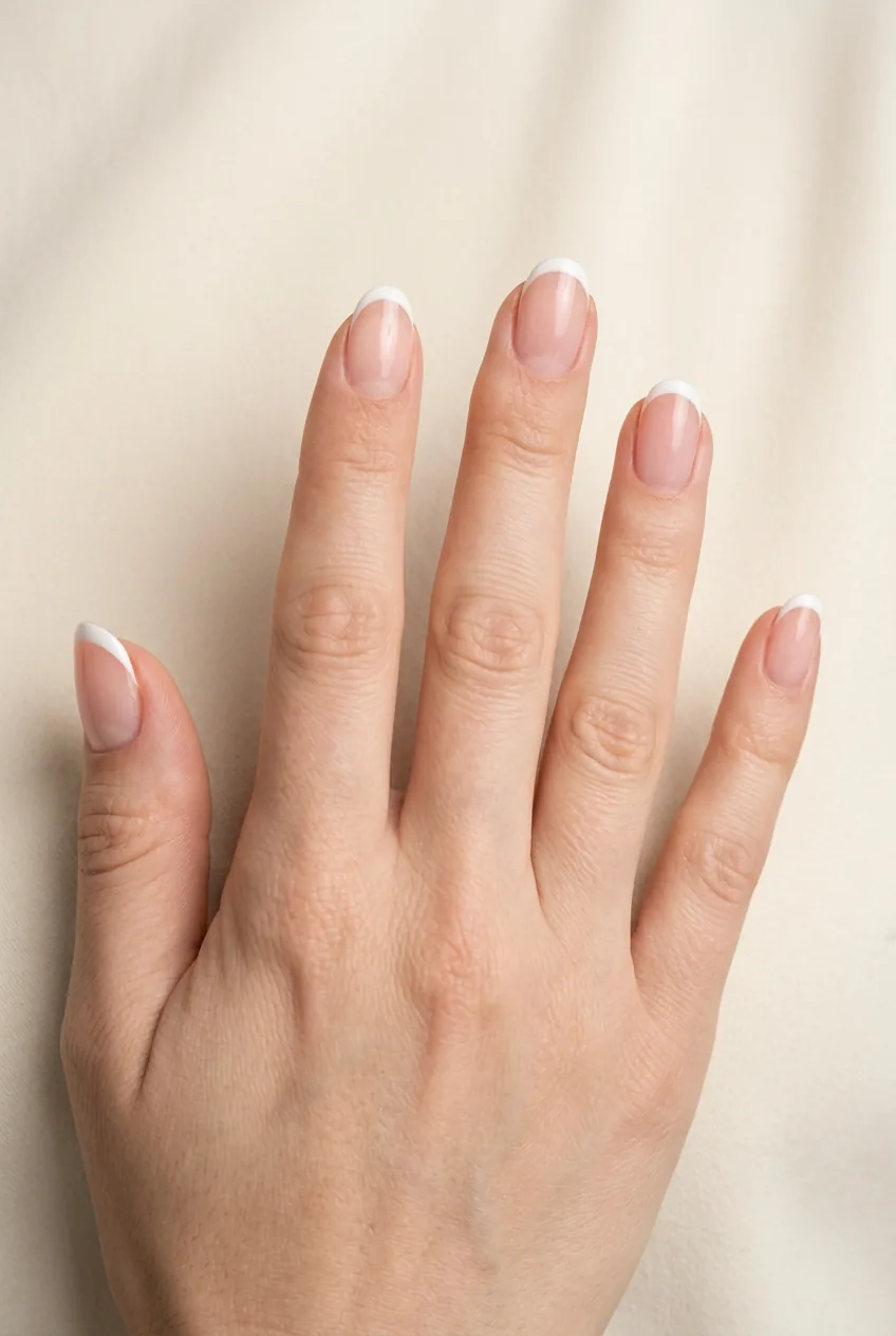 Woman's hand with subtle French manicure featuring ultra-thin white tips on natural base