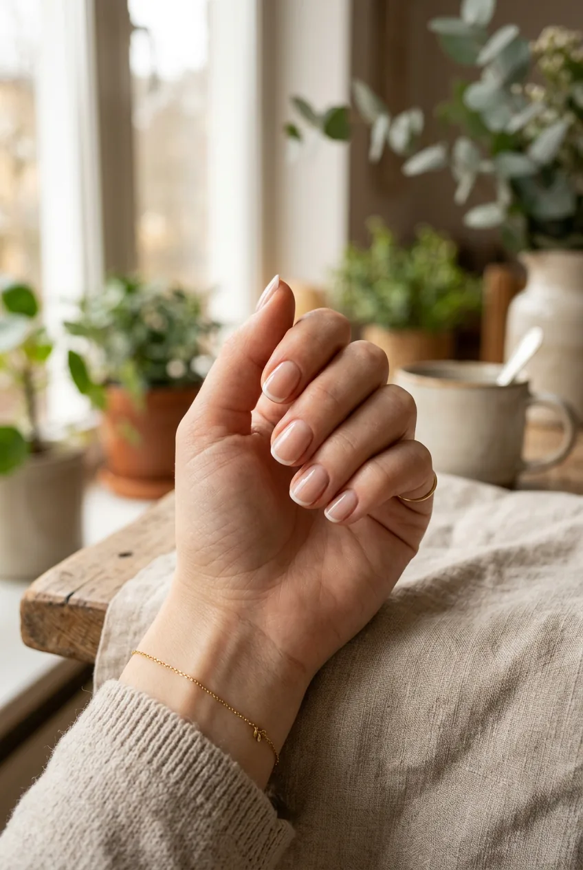 Woman's hand in relaxed position displaying barely-there nude french tips with minimal white tips
