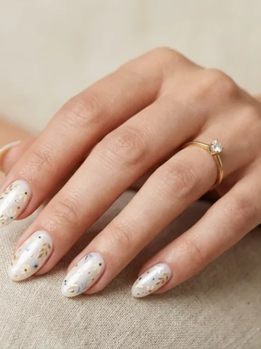 Woman's hand showing summer classy nail manicure with elegant design in soft studio lighting