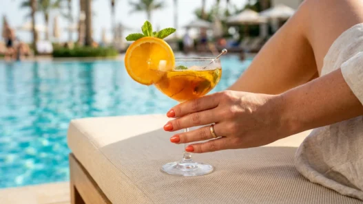 Manicured hand with square nails holding cocktail glass by pool with turquoise water bokeh