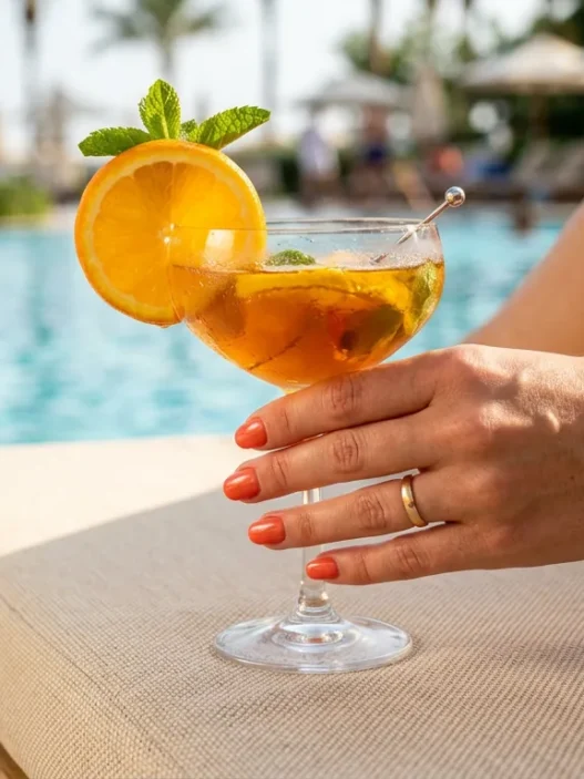 Manicured hand with square nails holding cocktail glass by pool with turquoise water bokeh