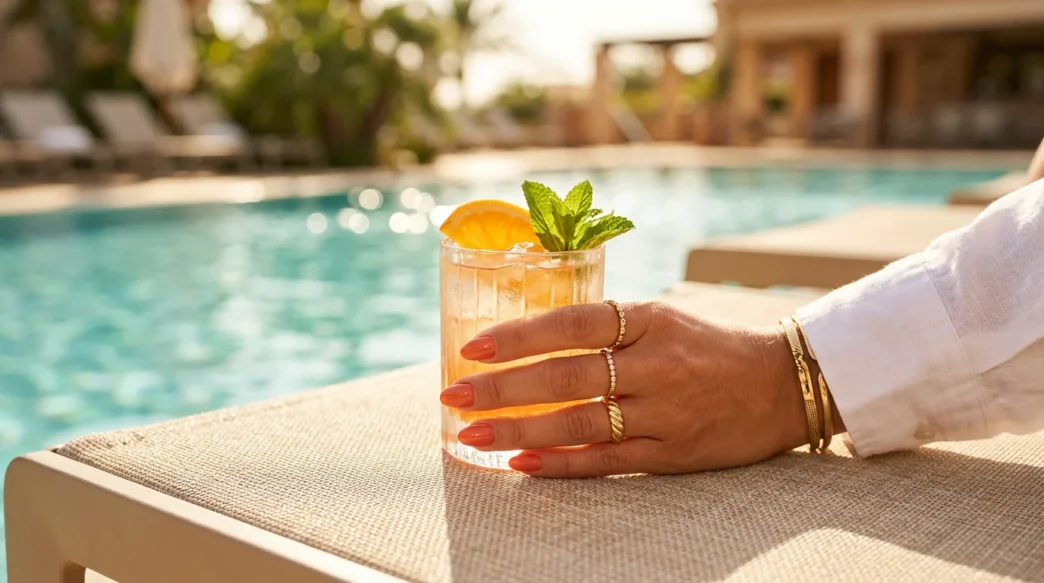 Manicured hand holding cocktail glass with citrus garnish on sunlit pool deck with turquoise water