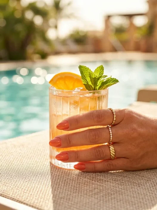 Manicured hand holding cocktail glass with citrus garnish on sunlit pool deck with turquoise water