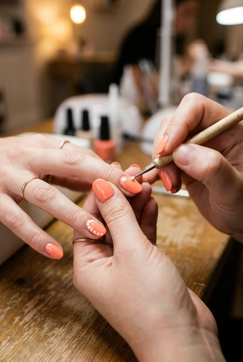 Detail shot of dotting tool creating small cream-colored dots on coral nail polish base