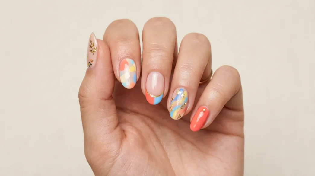 Woman's hand showing summer 2026 nail trends with mixed designs on each finger
