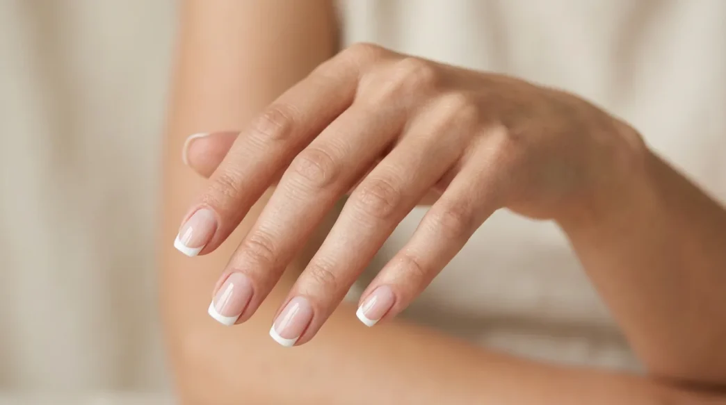 Woman's hand showing French manicure with white tips and nude pink base on short square nails