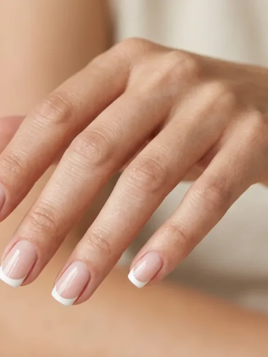 Woman's hand showing French manicure with white tips and nude pink base on short square nails