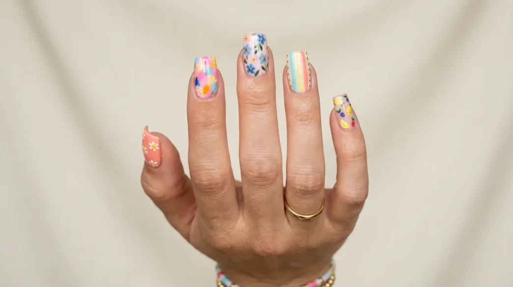 Collection of summer square nail designs showing various colorful manicures on short square shaped nails