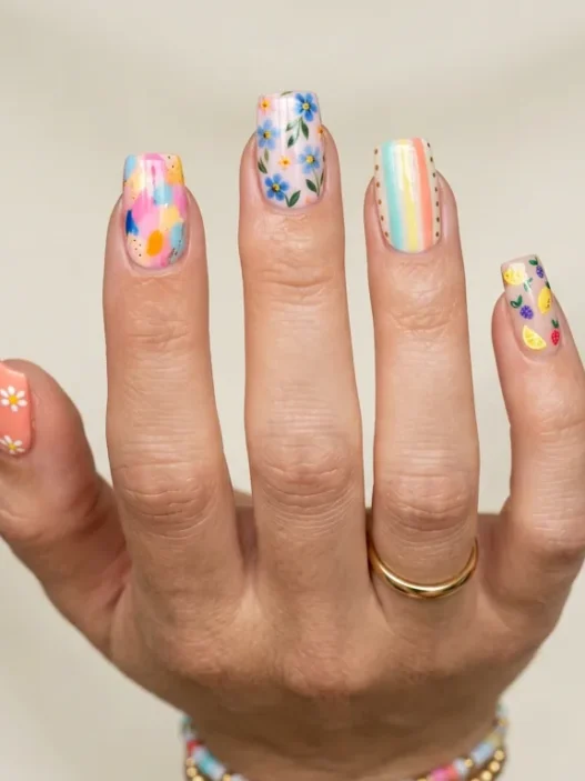 Collection of summer square nail designs showing various colorful manicures on short square shaped nails