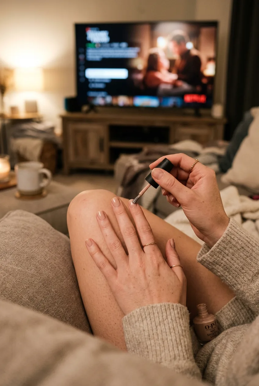 Woman's hands applying nude polish to short natural nails during Sunday evening routine with Netflix background