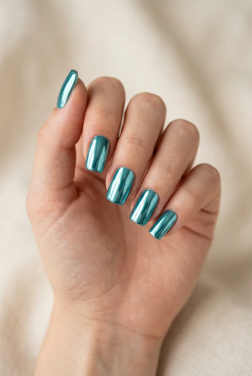 Woman's hand featuring teal chrome nail polish with mirror-like reflective surface