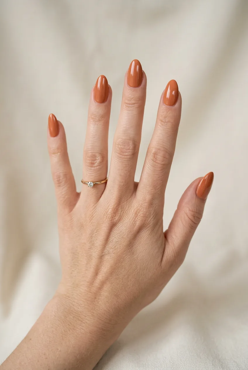 Woman's hand showing terracotta dream manicure in warm earthy orange-brown tone