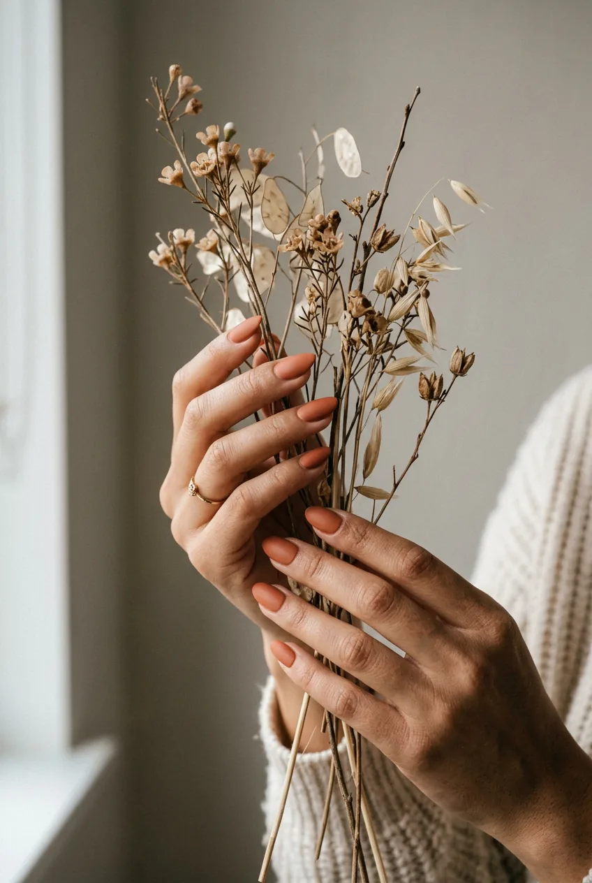 Artistic shot of hands with muted terracotta nail polish holding dried spring branches