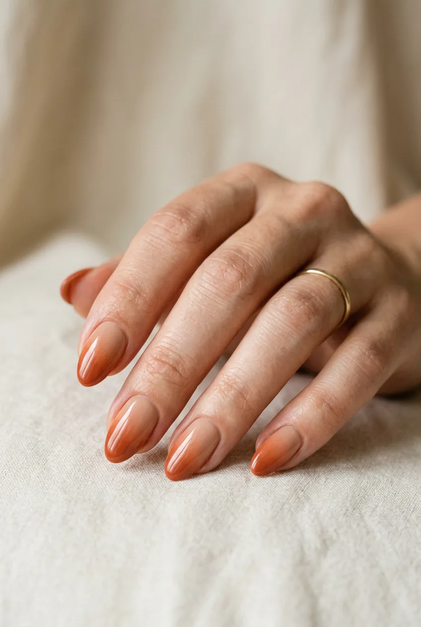 Woman's hand displaying terracotta to nude gradient nail color transition