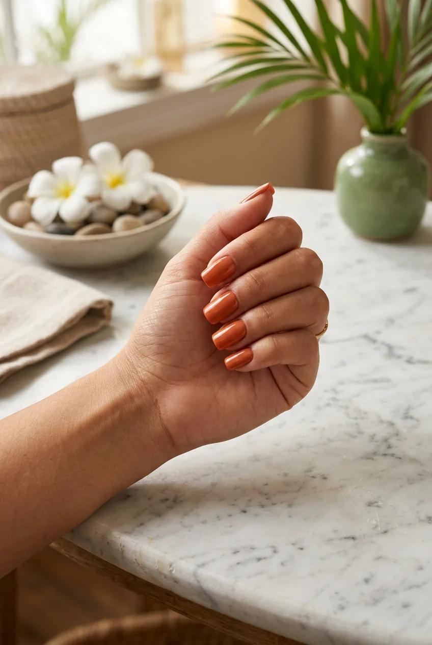 Professional square manicure in terracotta polish on marble surface in spa setting