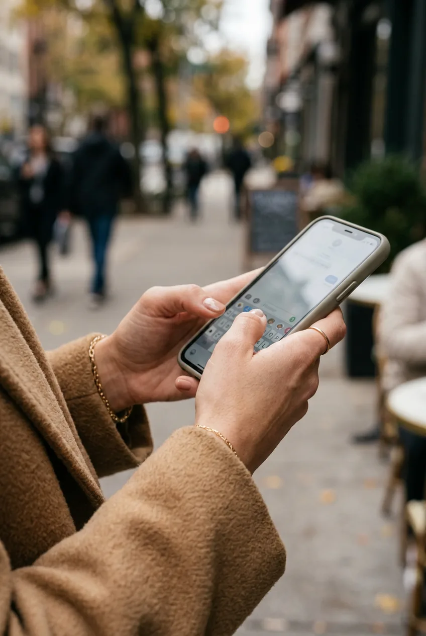 Woman's hands texting on phone wearing camel coat showing elegant short natural nails with nude polish