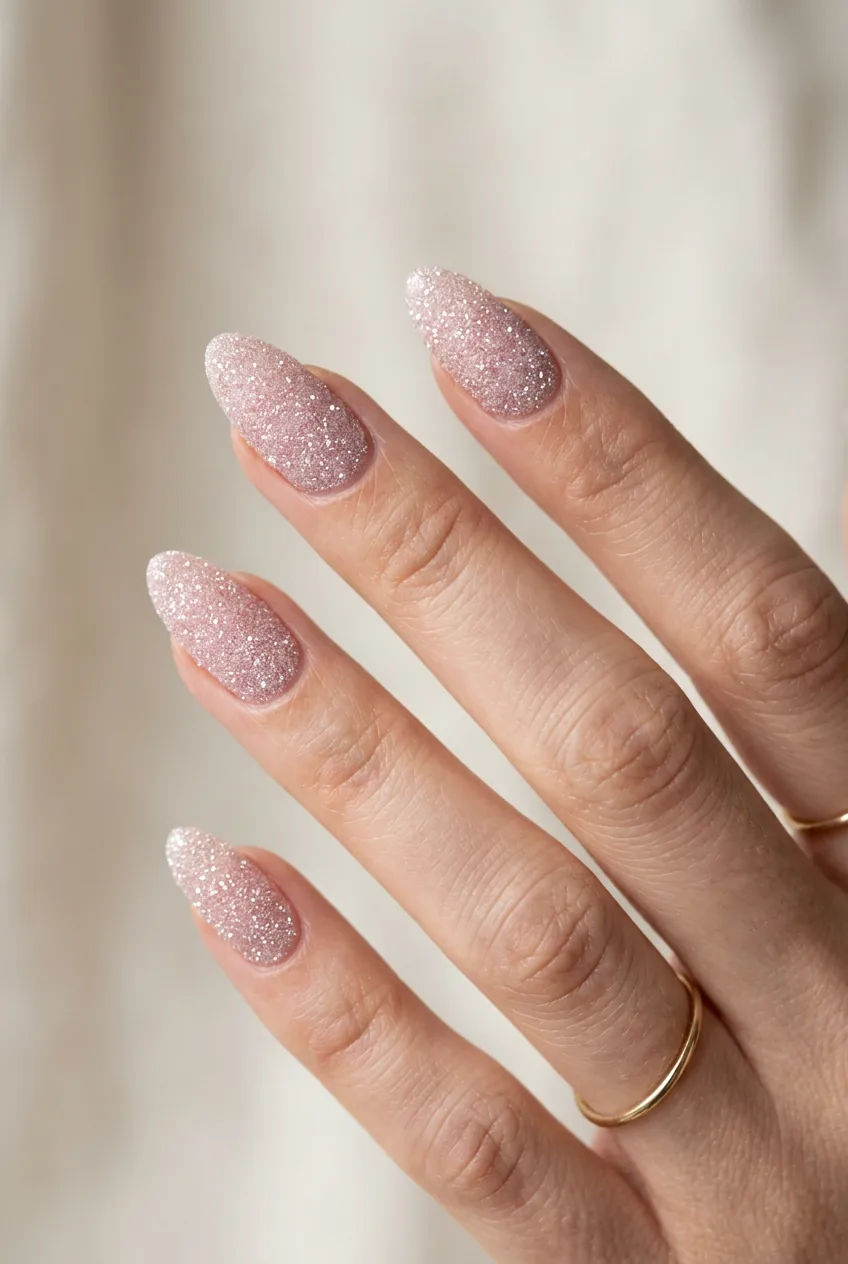 Woman's hand displaying powder pink textured sugar effect almond nails with crystalline sparkle