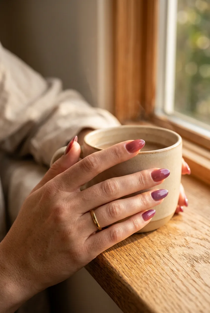 Woman's hand displaying thermal reactive nails that change color positioned between warm and cool surfaces