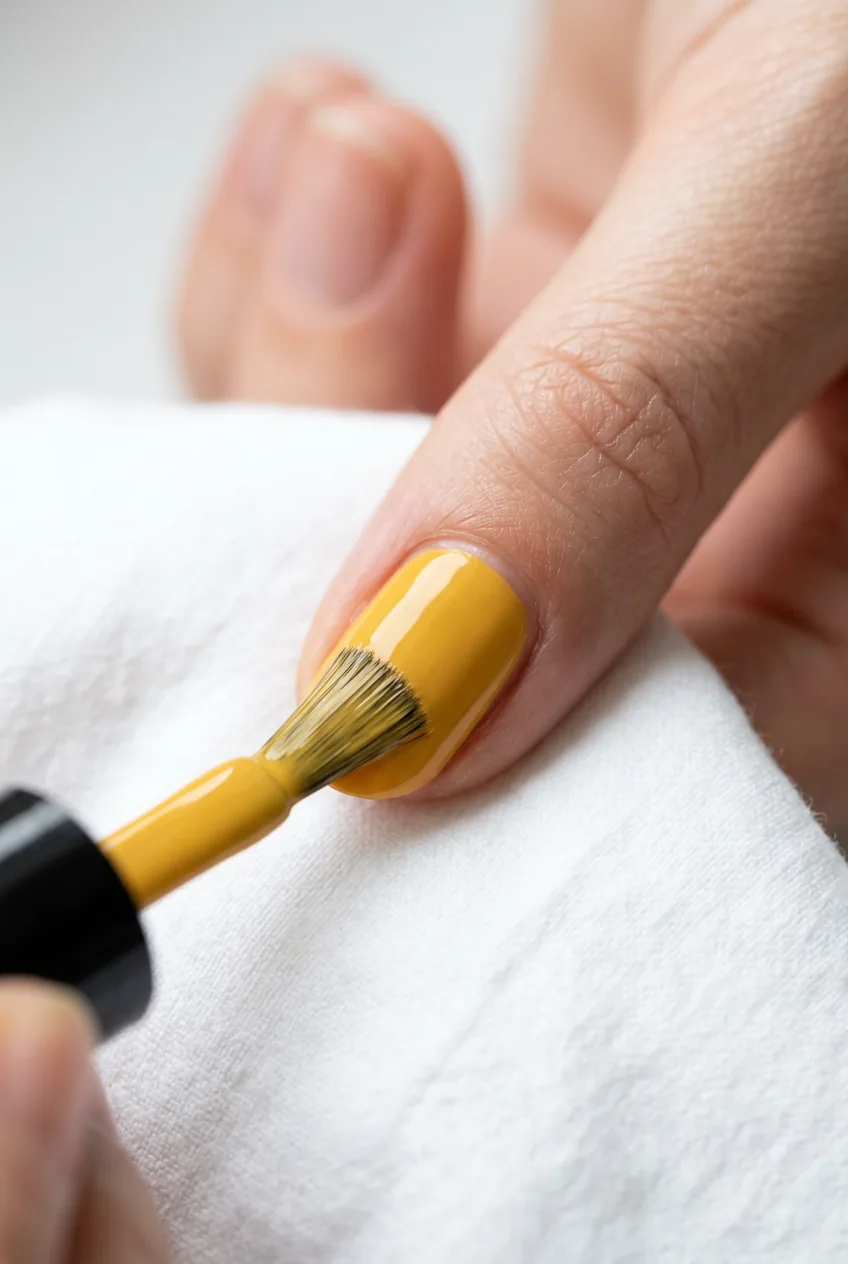 Macro shot of yellow polish creating smooth even coverage in thin application coat