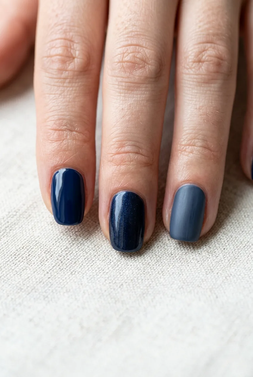 Three finished nails displaying different navy formulas with varying depth and undertones