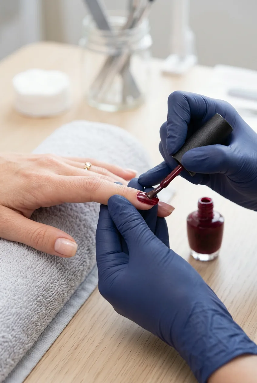 Burgundy polish being applied using three-stroke method for even color coverage