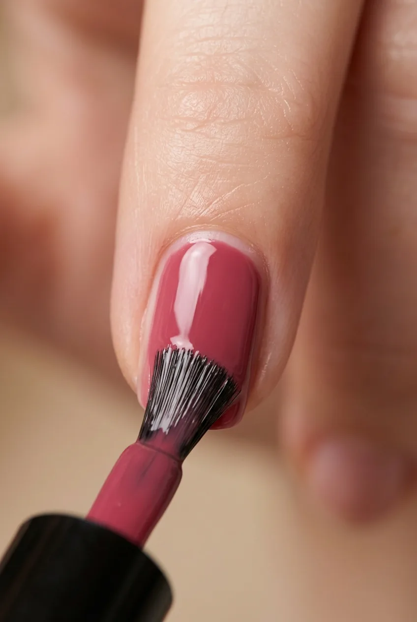 Extreme close-up of nail polish brush applying color using three-stroke technique from cuticle to tip