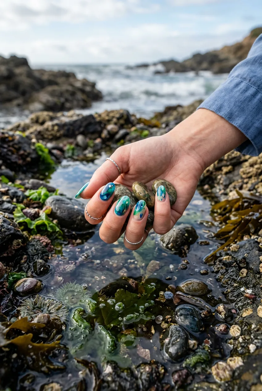 Tide pool blue nail art showing organic color blending in deep blues and greens over water