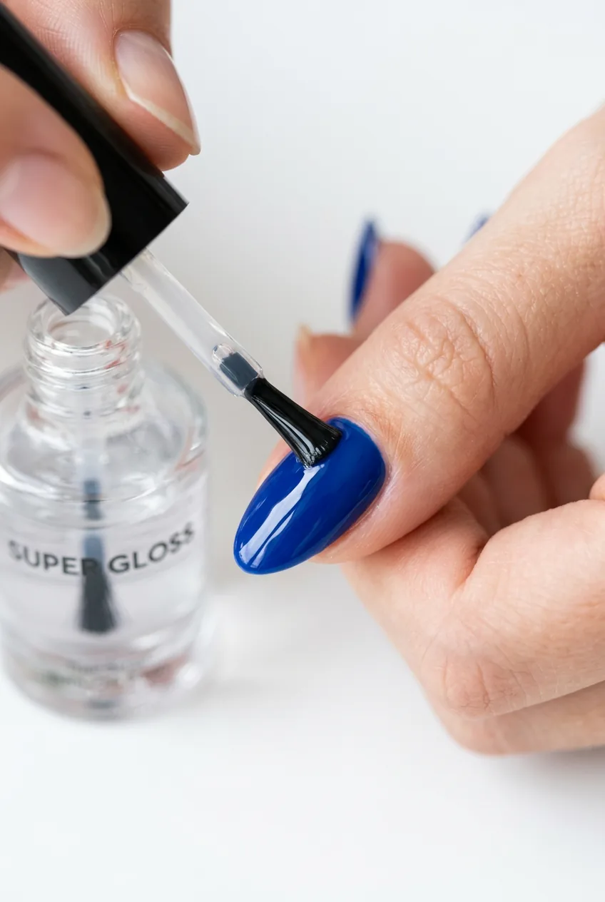 Top coat creating glossy mirror finish over completed blue nail manicure