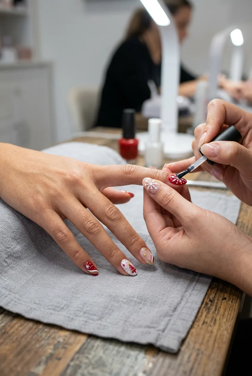 High-gloss topcoat being applied over completed Christmas nail art designs
