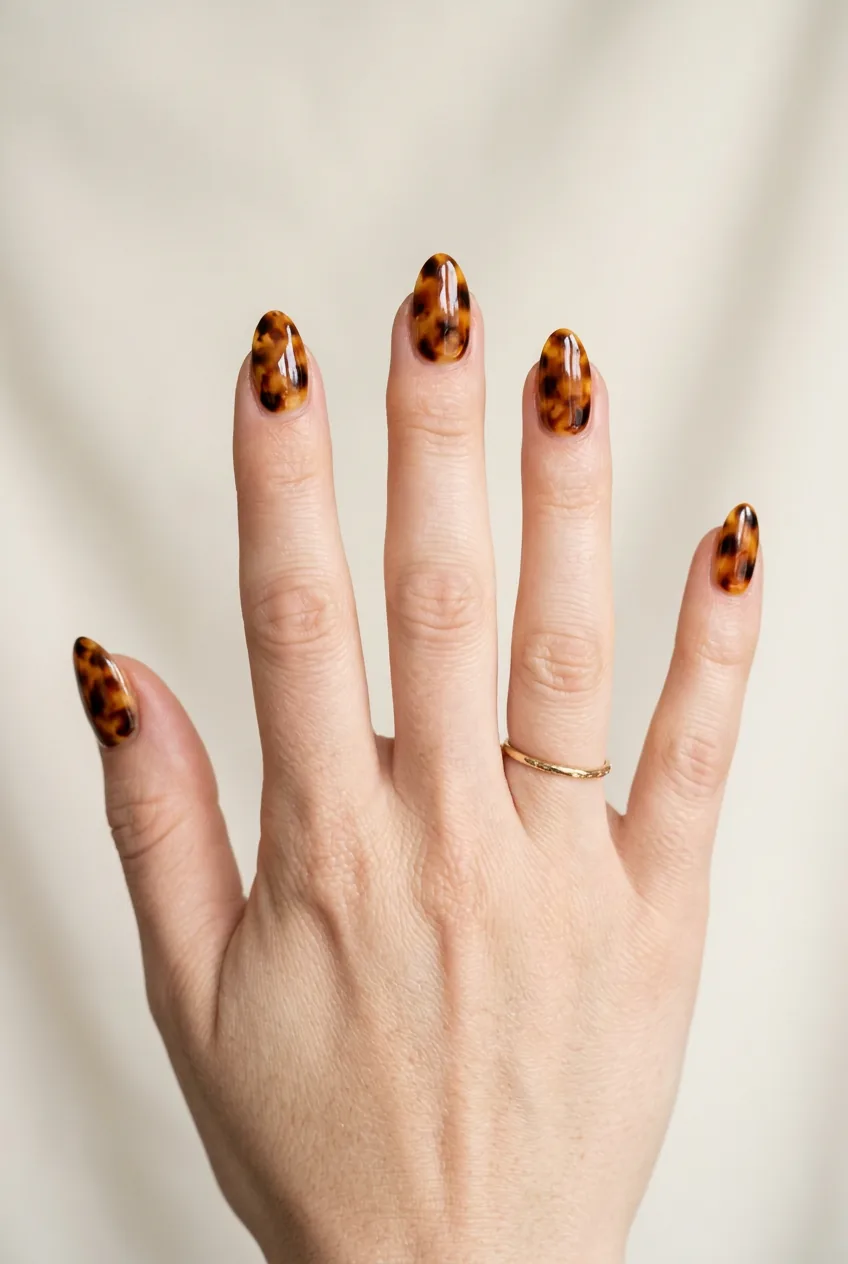 Woman's hand showing tortoiseshell accent manicure with amber and brown swirl patterns
