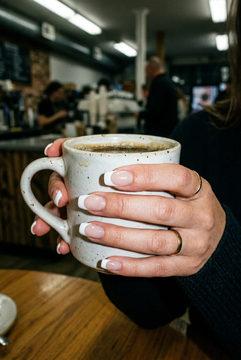 Woman's hand holding coffee cup displaying thick white french tip nails in harsh fluorescent lighting