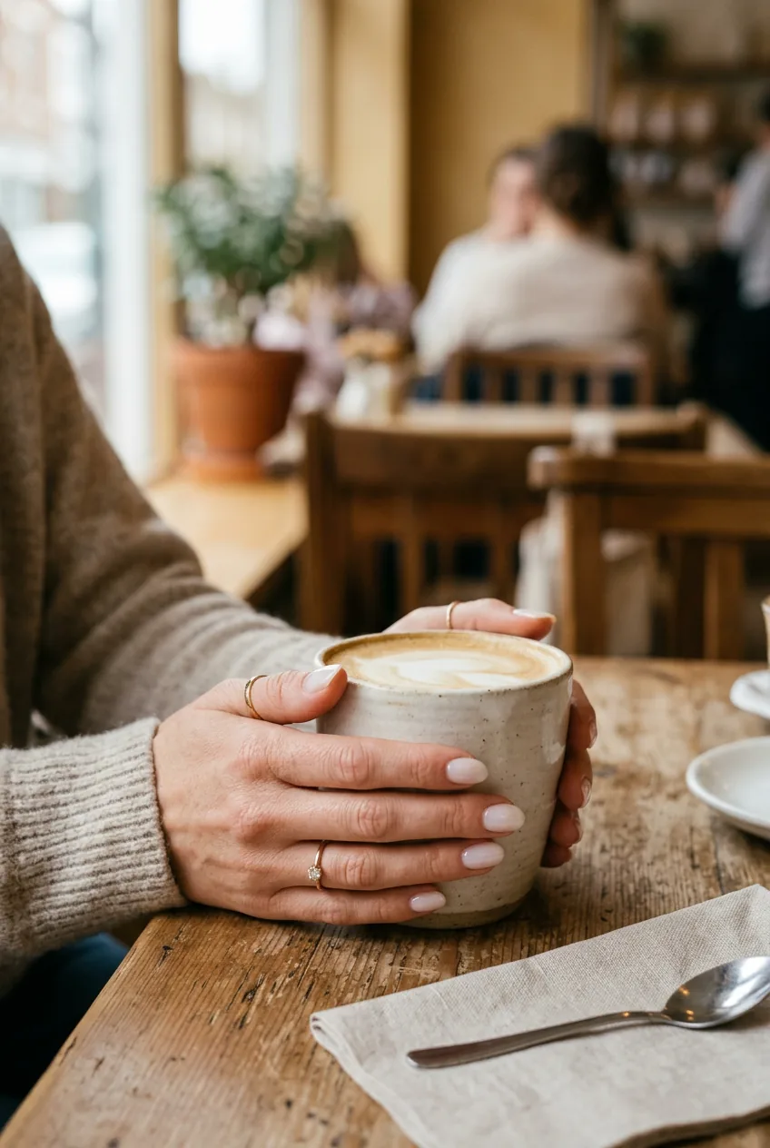 Woman's hands holding coffee cup showing cloudy white gel manicure in morning light