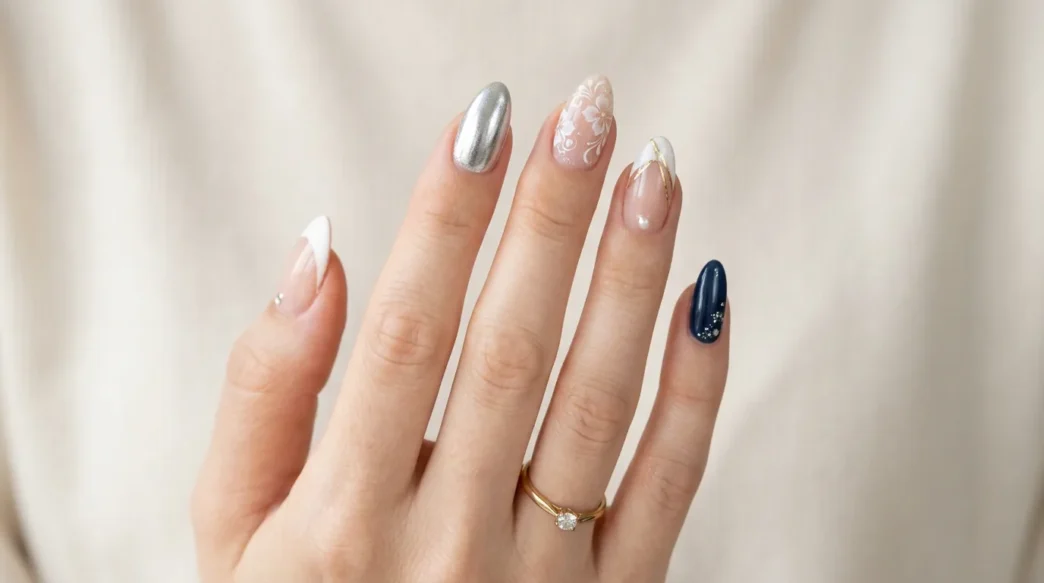 Collection of trending nail designs including French tips chrome accents and various nail art styles