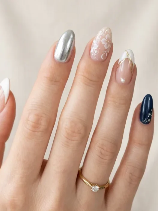 Collection of trending nail designs including French tips chrome accents and various nail art styles
