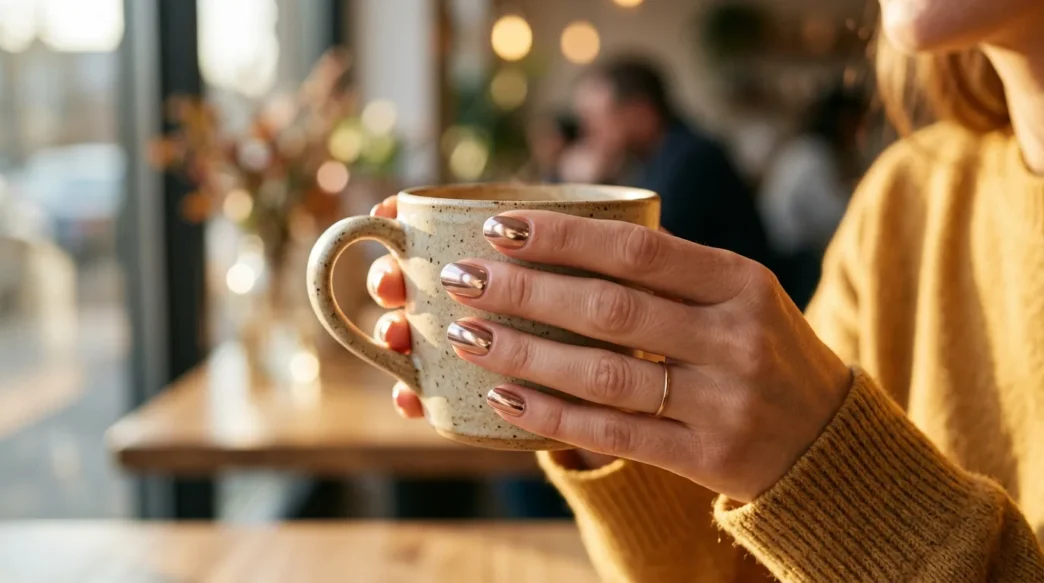 Woman's hand with trendy chrome finish nails catching golden hour light in candid moment