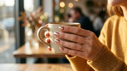 Woman's hand with trendy chrome finish nails catching golden hour light in candid moment