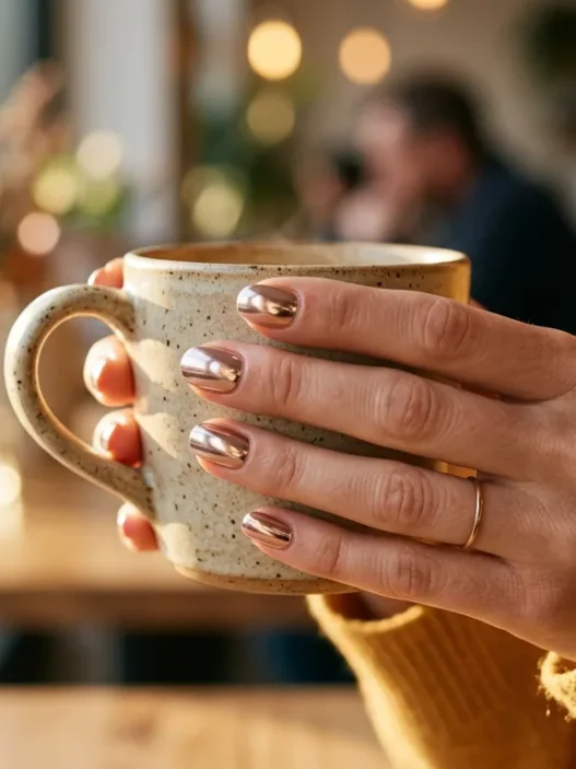 Woman's hand with trendy chrome finish nails catching golden hour light in candid moment