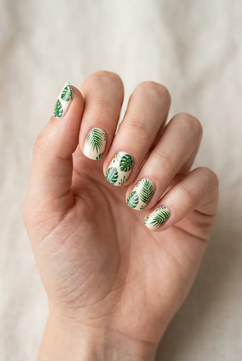 Woman's hand displaying tropical palm leaf nail art with green leaves painted on cream base short nails