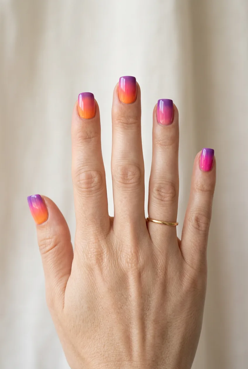 Tropical sunset ombre design blending orange, pink and purple on short square nails