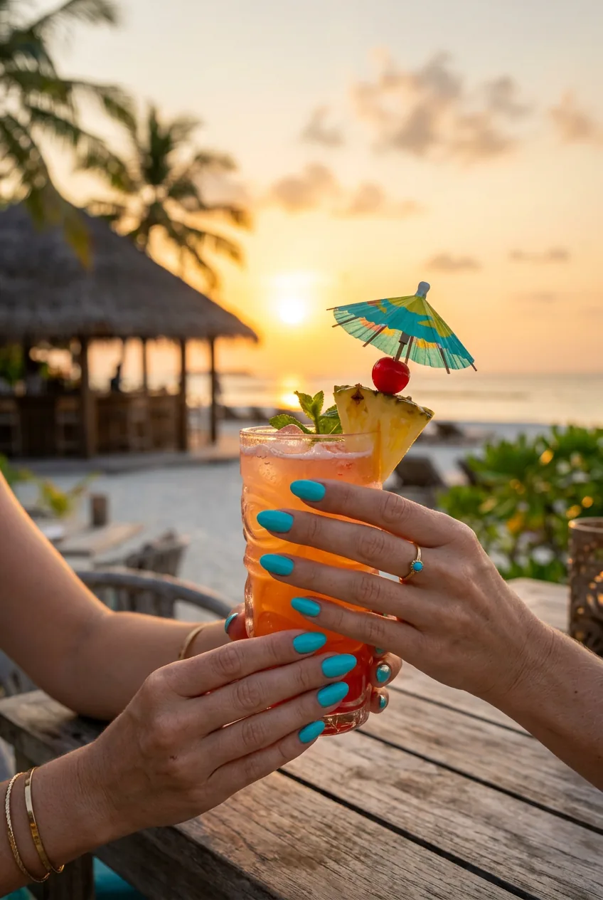 summer birthday nails — turquoise tropical sunset manicure