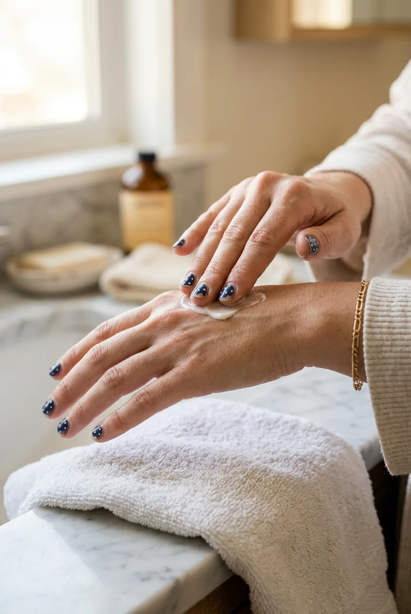 Woman's hand applying cream showing polka dot nails with slight wear after two weeks of use