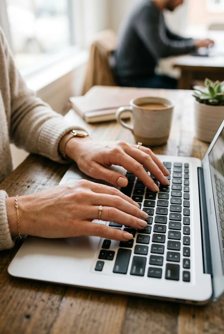 Woman's hands typing on laptop keyboard displaying effortless beige nail inspo manicure