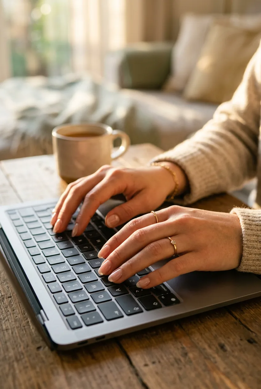 Woman's hands typing on laptop keyboard displaying fresh clear gel manicure