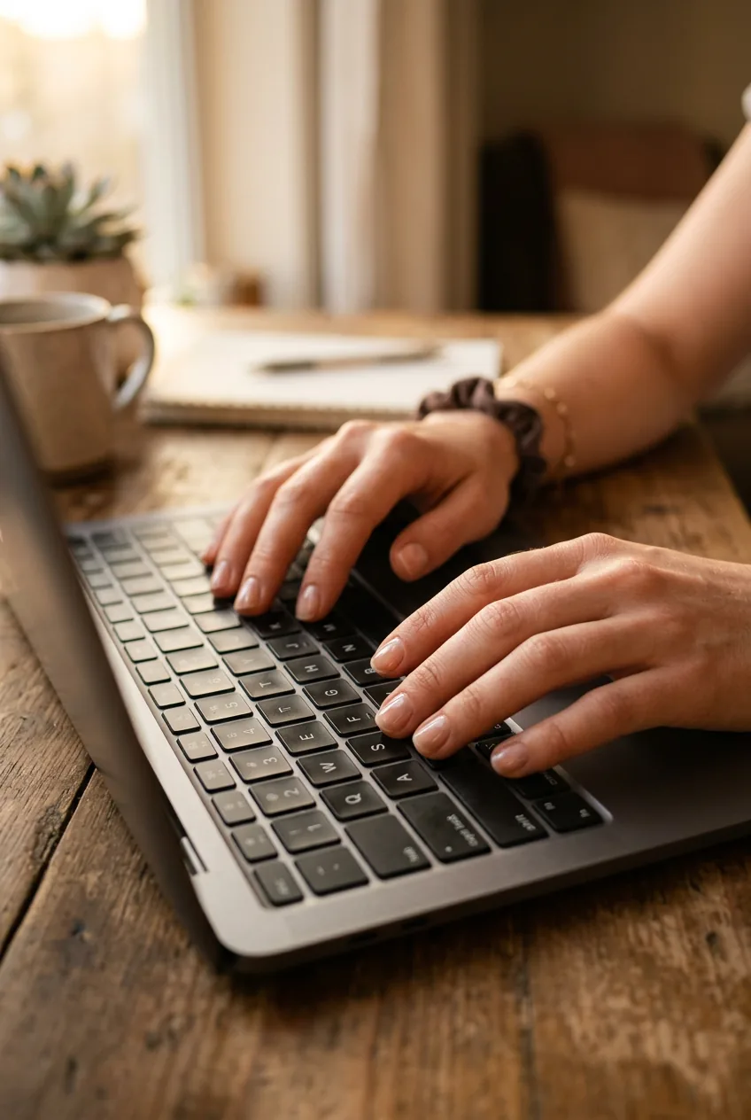 Woman's hands typing on laptop keyboard displaying short well-groomed nails with clear polish