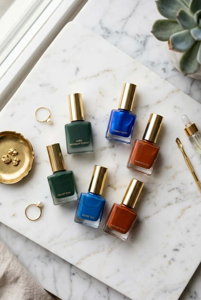 Array of unconventional nail polish colors in green blue and orange on marble surface