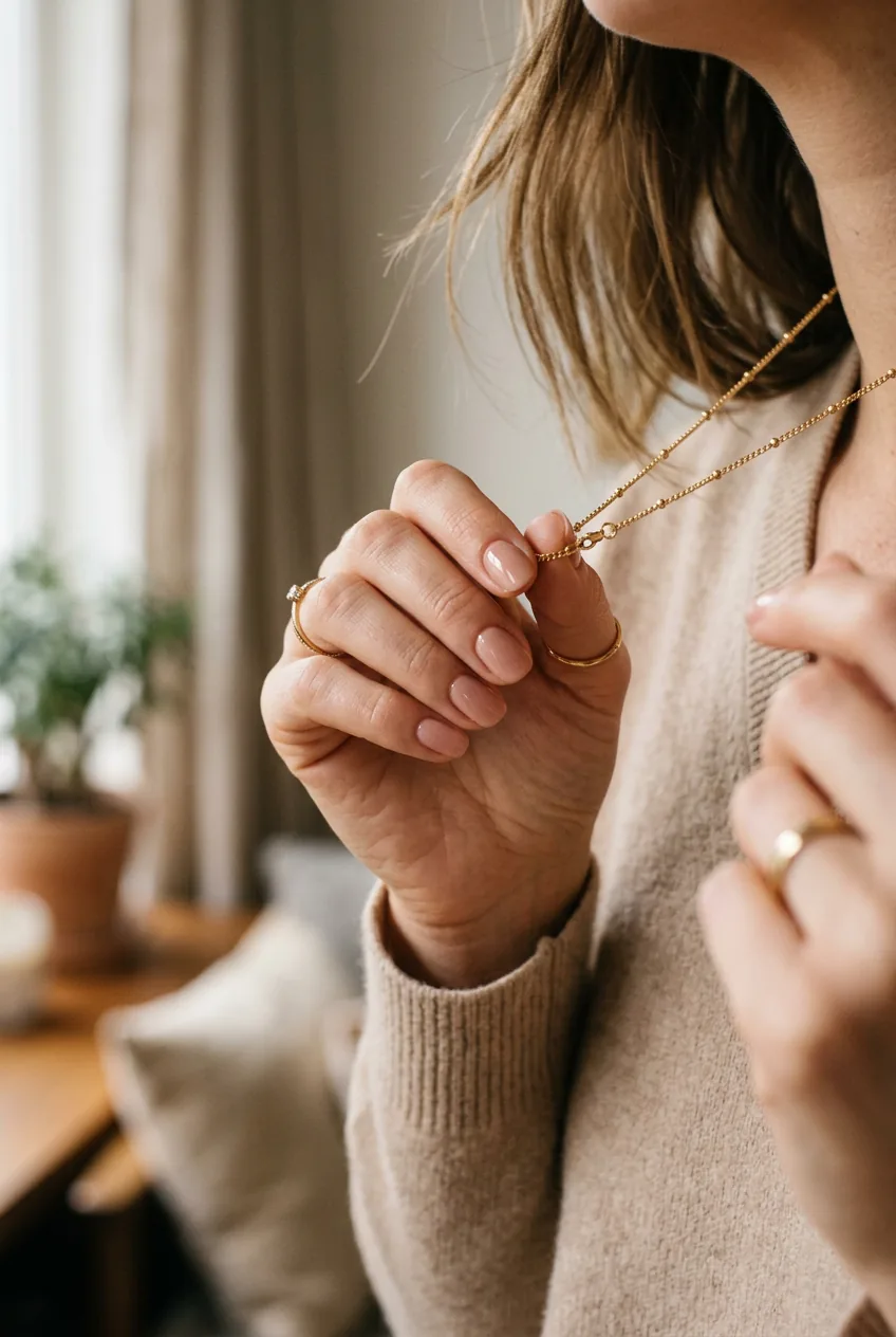 Woman's hand adjusting jewelry showcasing understated luxury manicure with glass-like finish