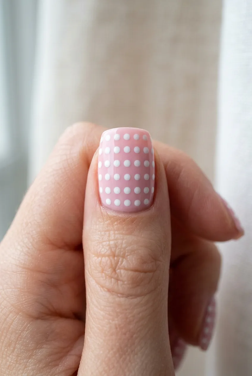 Uniform dots created with dotting tool on pink nail showing smooth finish