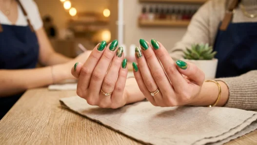 Woman's hands displaying completed vacation wedding manicure with glossy finish on salon table